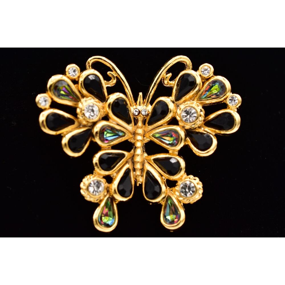 Vintage Crystal Butterfly Pin Brooch Heavy Black Watermelon Crystal Gold BinBP